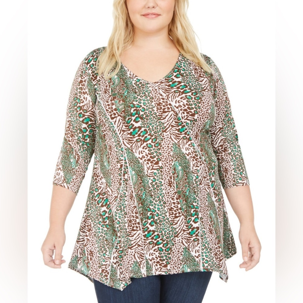 NY COLLECTION WOMEN'S PLUS SIZE PRINTED HANDKERCHIEF-HEM TOP GREEN SIZE 1X